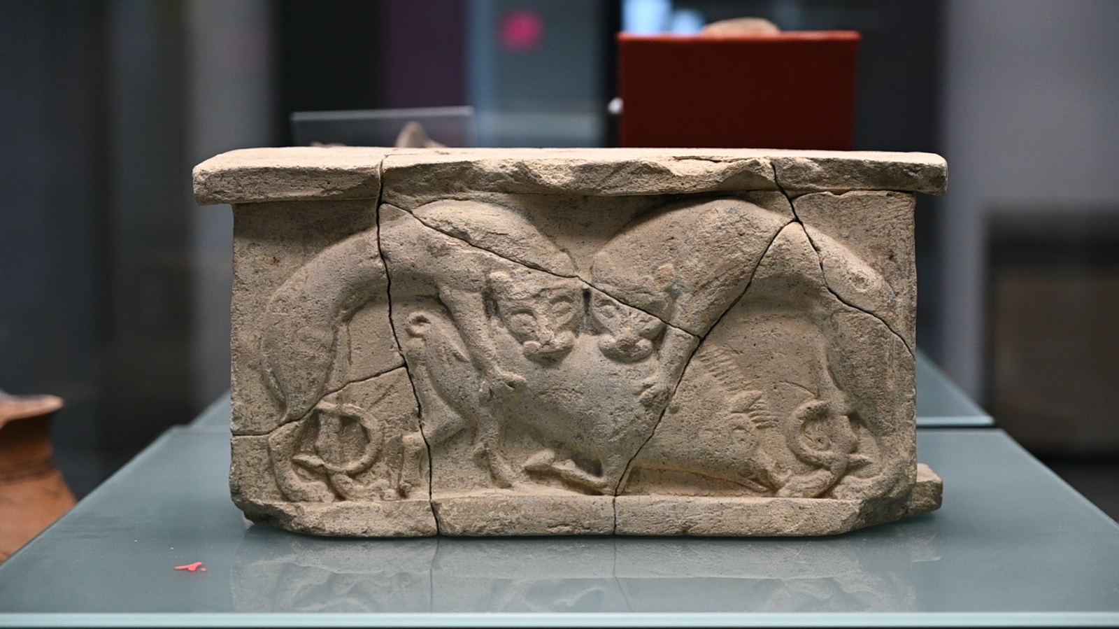 Un blocco di pietra antico scolpito a rilievo, esposto in una vetrina del museo
