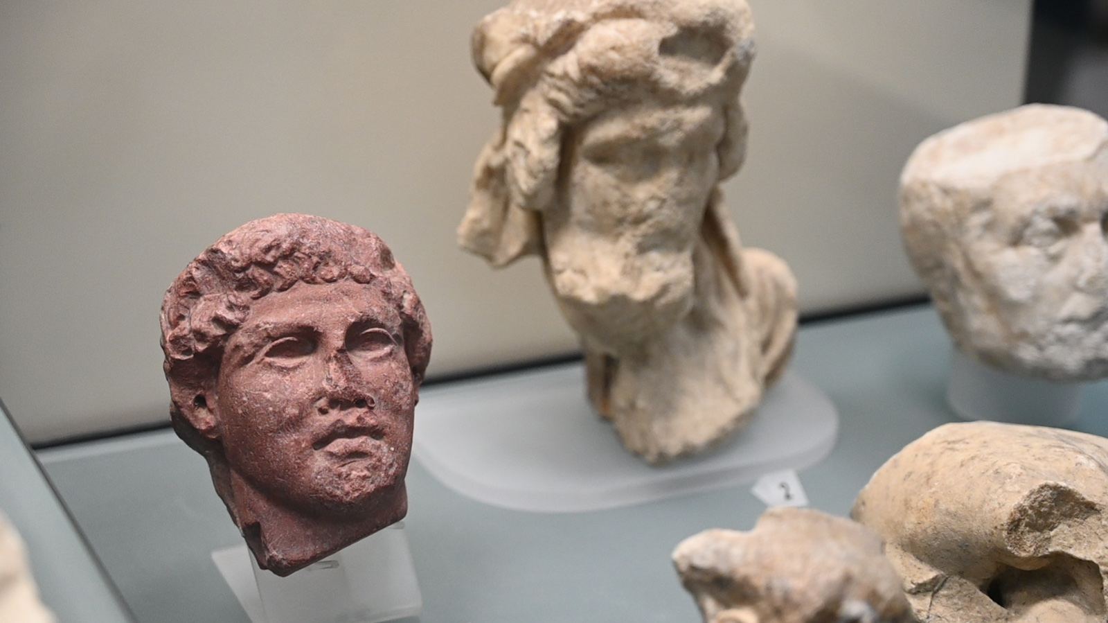 Teste antiche in terracotta e in pietra esposte su un ripiano del museo