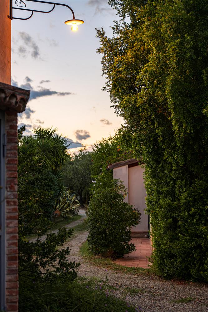 Il vialetto di ghiaia al tramonto, con una lampada accesa